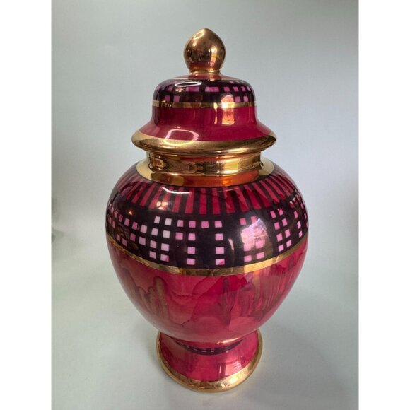 Tall Red & Black Urn Ginger Jar Gold Gild Trim Unknown Makers Mark on Bottom - Picture 6 of 11